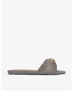 Kurt Geiger Kensington Eagle-Embellished Houndstooth Woven Mules - White