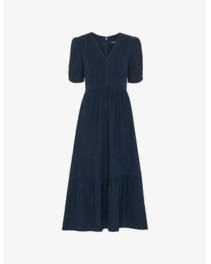 Whistles V-Neck Short-Sleeve Textured Cotton Midi Dress - Blue