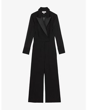 Reiss Perla Sheer-Sleeve Woven Tuxedo Jumpsuit - Black