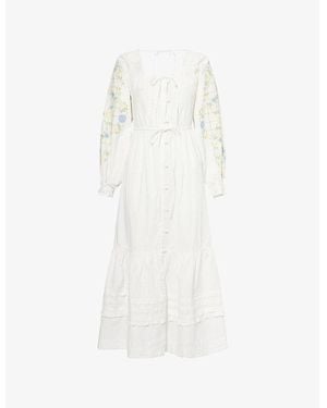 Damson Madder Junia Embroidered-Sleeves Cotton-Poplin Midi Dress - White