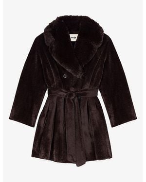 Maje Oversized-Lapel Belted Faux-Fur Coat - Black