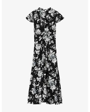 AllSaints Lolita Floral-Print Mesh Midi Dress - Black
