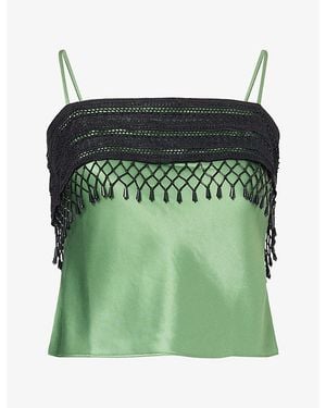 Reformation Slyvette Fringe-Trim Satin Top - Green
