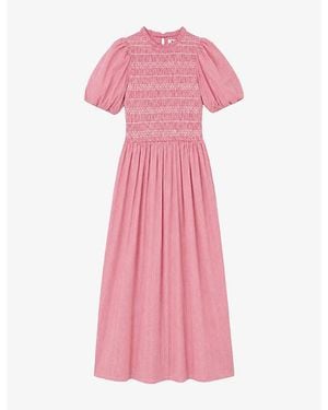 Ro&zo Stripe-Pattern Shirred Woven Midi Dress - Pink