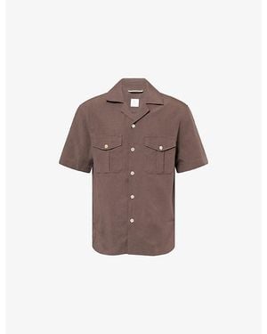 Eleventy Bowling-Collar Short-Sleeve Linen-Cotton Blend Shirt - Brown