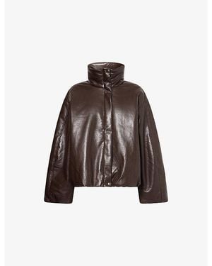 Anine Bing Cyrus Funnel-Neck Leather-Blend Jacket - Brown