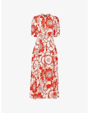 Whistles Floral-Print Short-Sleeved Woven Midi Dress - Red