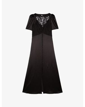 The Kooples Lace-Embroidered Puff-Sleeve Silk Maxi Dress - Black