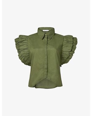 eem Ruffled-Sleeve Notched-Hem Cotton Shirt - Green