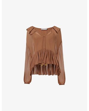 eem Ruffle-Detail Long-Sleeve Woven Top - Brown