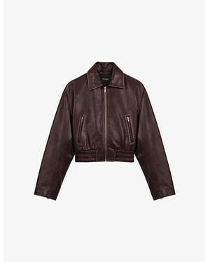 Maje Cropped Smocked-Waist Leather Jacket - Brown