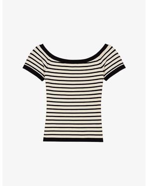 Maje Boat-Neckline Stripe Ribbed-Knit Top - Black