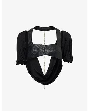 GRACE FAENA Zebra Pearl-Embellished Leather And Silk-Jersey Top - Black