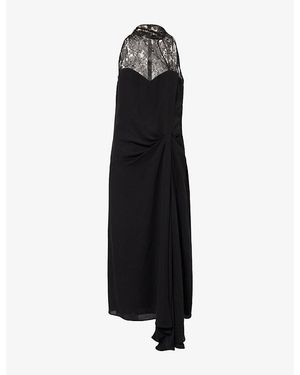 Valentino Lace-Panel High-Neck Silk Midi Dress - Black