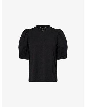 ME+EM Puff-Sleeve Round-Neck Cotton Top - Black