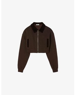 Sandro Contrast-Collar Zip-Up Cropped Cotton-Blend Sweatshirt - Black