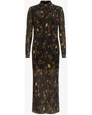 AllSaints Tia Graphic-Print Long-Sleeve Stretch-Mesh Midi Dress - Black