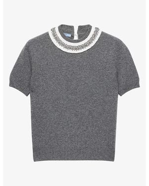 Prada Jewel-Embellished Collar Cashmere And Wool Sweater - Gray