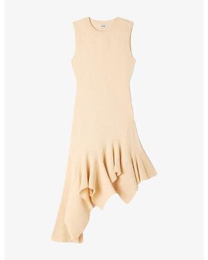 Sandro Asymmetric Sleeveless Knitted Mini Dress - Natural