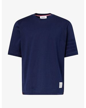 Thom Browne Striped-Sleeve Brand-Patch Cotton T-Shirt - Blue