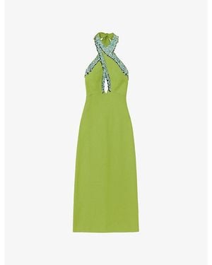 Ro&zo Beaded Halter-Neck Cotton-Blend Midi Dress - Green