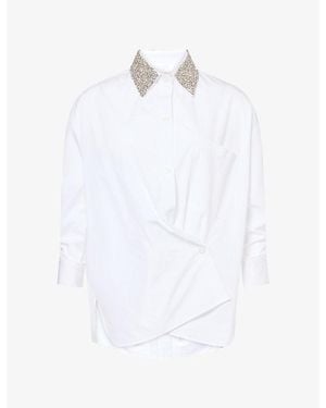Twp Crystal-Collar Wrap Cotton Shirt - White