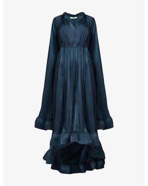 eem Cape-Sleeve Frilled-Hem Woven Maxi Dress - Blue