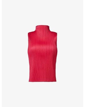 Pleats Please Issey Miyake Mock-Neck Sleeveless Knit Top - Red