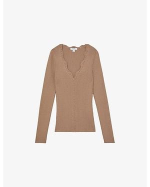 Reiss Lara Crochet-Trim Knitted Top - Natural