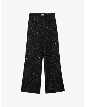 Sandro Rhinestone-Embellished High-Rise Tweed Trousers - Black