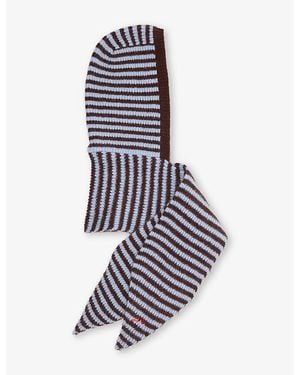 Damson Madder Striped Tie-Front Knitted Hood - Blue