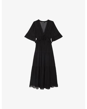 The Kooples V-Neck Short-Sleeve Woven Midi Dress - Black