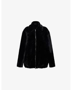 Nour Hammour Oversized Plush Shearling Bomber Jacket - Black