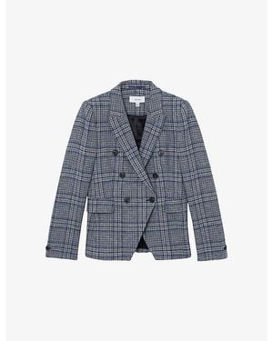 Reiss Larissa Double-Breasted Checked Cotton And Linen-Blend Blazer - Blue