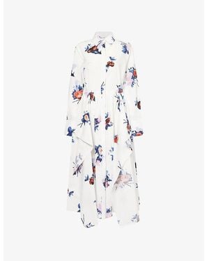 Erdem Floral-Print Long-Sleeve Cotton-Poplin Midi Shirt Dress - White