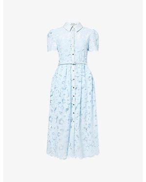 Self-Portrait Embroidered Belted Woven Midi Dress - Blue
