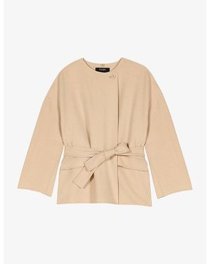 Maje Removable-Scarf Belted-Waist Wool-Blend Coat - Natural