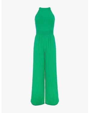 Ro&zo Shirred-Waist Halterneck Sleeveless Cotton Jumpsuit - Green