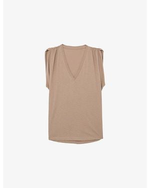 Reiss Renee V-Neck Gathered-Detail Cotton T-Shirt - Natural