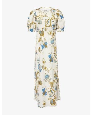 ME+EM Floral-Print Puff-Sleeve Linen-Blend Maxi Dress - Metallic