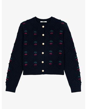 Maje Cherry-Embroidered Bobble-Knit Wool Cardigan - Blue