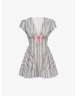 House Of Cb Emiliana Striped Floral-Print Stretch-Cotton Mini Dress - White