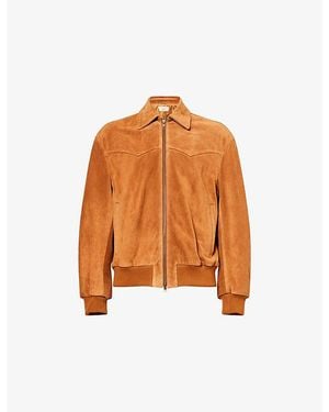 Austin Post Classic-Collar Ribbed-Trims Suede Bomber Jacket - Orange