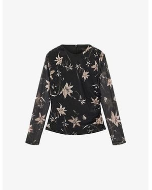 AllSaints Caia Floral-Print Stretch-Mesh Top - Black