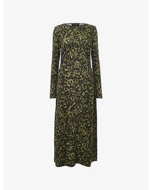 Whistles Ruched Animal-Print Stretch-Jersey Midi Dress - Green