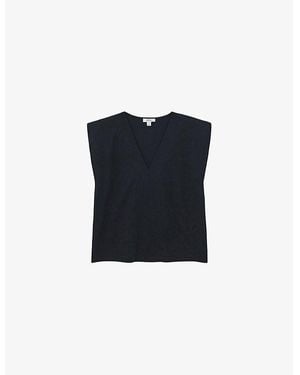 Reiss Dixie Shoulder-Pad V-Neck Cotton Top - Black