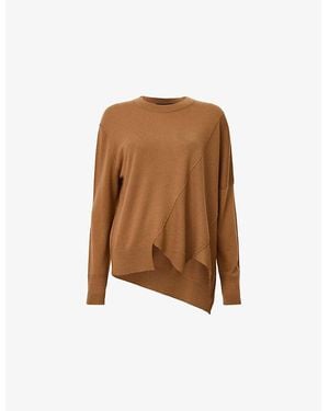 AllSaints Isla Crewneck Asymmetric-Hem Merino-Wool Sweater - Brown
