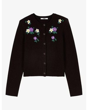 Maje Floral-Embroidered Bead-Embellished Wool-Blend Cardigan - Black