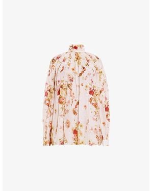 AllSaints Pearla Floral-Print Tie-Neck Silk-Blend Blouse - Pink