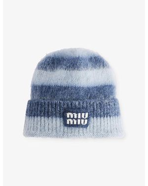 Miu Miu Striped Logo-Patch Wool-Blend Beanie Hat - Blue
